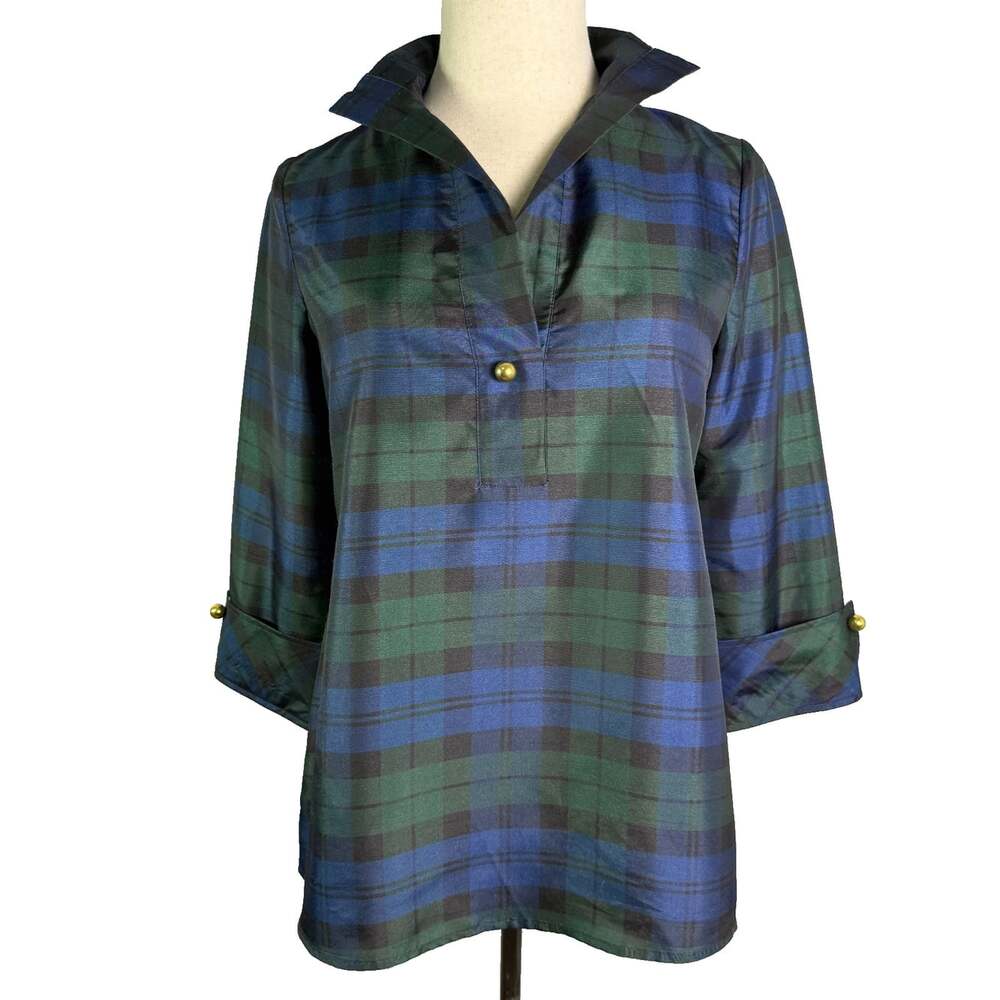 Tuckernuck Womens Large Black Watch Plaid Taffeta Tunic Top Gold Button Cuffs L